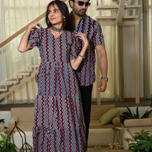 Couple Matching Navy Blue & Red Zigzag Cotton Anarkali Midi Dress and Shirt Set